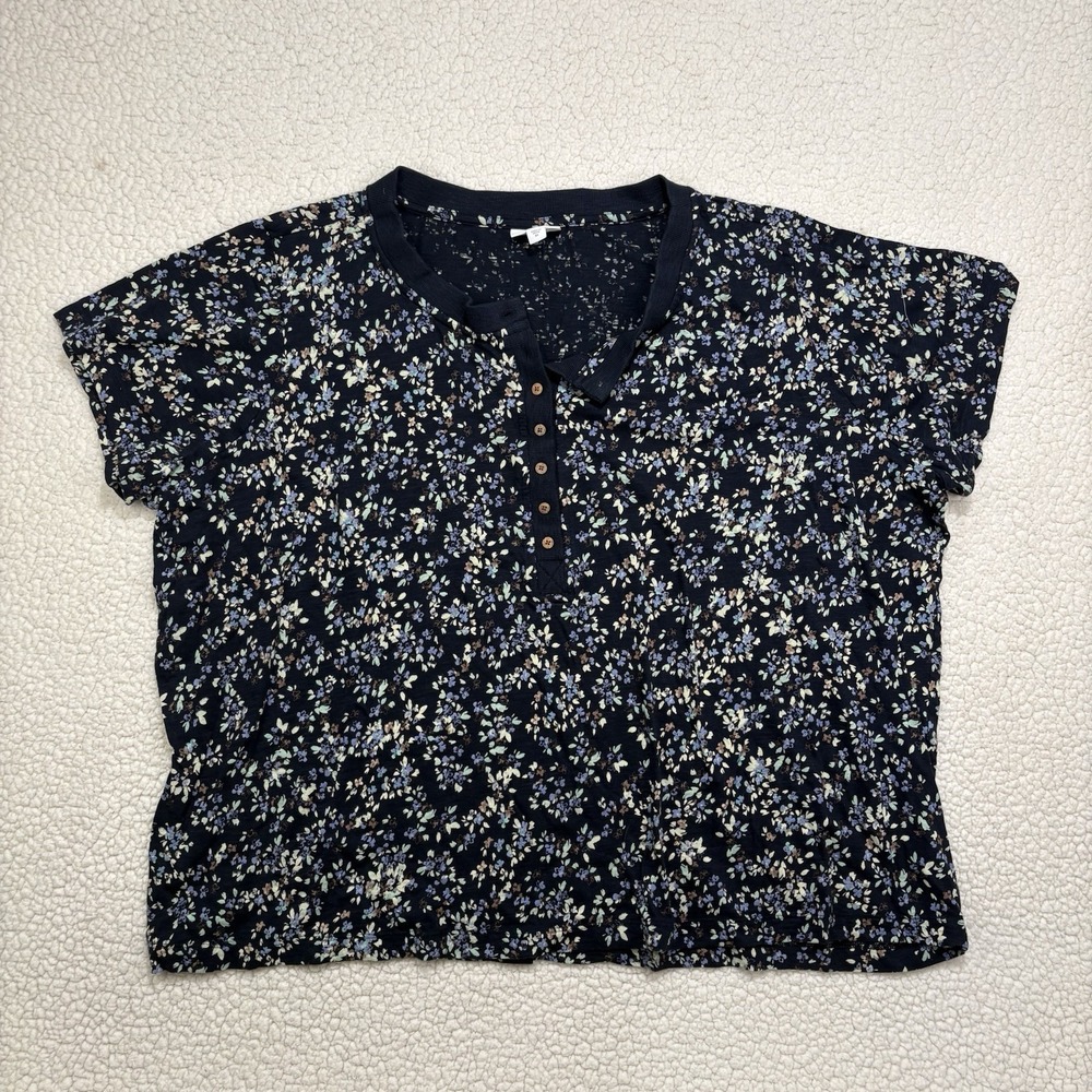 J. Jill Navy Blue Floral Cotton Blend Henley Short Sleeve Top Plus Size 3X Ditzy